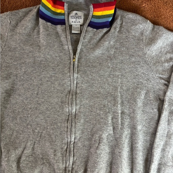 Madeleine Thompson x AQUA Gray Zip Sweater Rainbow Trim Small - Picture 4 of 4